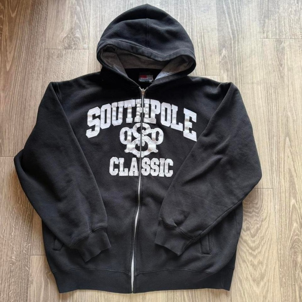 Vintage South Pole Hoodie Mens XL Black Y2K Grunge Zip up